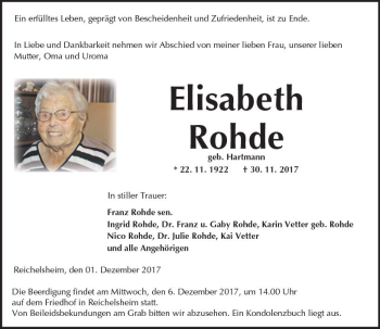 Traueranzeige von Elisabeth Rohde von Trauerportal Echo Online