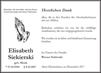 Traueranzeige von Elisabeth Siekierski von Trauerportal Rhein Main Presse