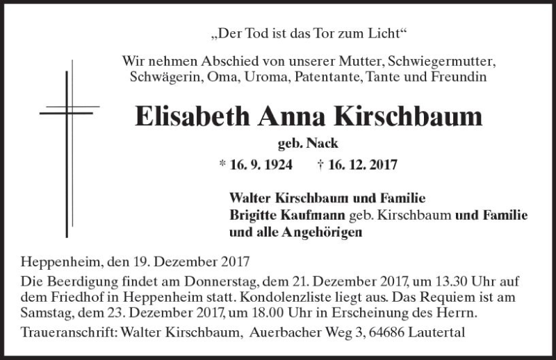  Traueranzeige für Elisabeth Anna Kirschbaum vom 19.12.2017 aus Trauerportal Echo Online