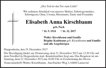Traueranzeige von Elisabeth Anna Kirschbaum von Trauerportal Echo Online