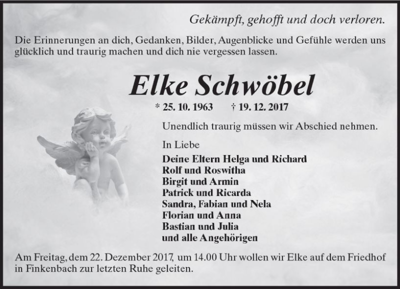  Traueranzeige für Elke Schwöbel vom 21.12.2017 aus Trauerportal Echo Online