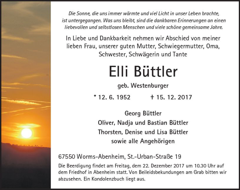  Traueranzeige für Elli Büttler vom 19.12.2017 aus Trauerportal Rhein Main Presse