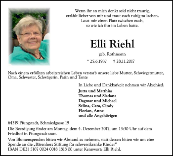 Traueranzeige von Elli Riehl von Trauerportal Echo Online