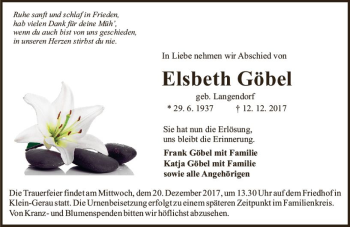 Traueranzeige von Elsbeth Göbel von Trauerportal Echo Online