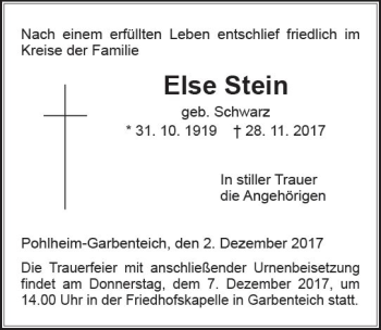 Traueranzeige von Else Stein von  Gießener Anzeiger