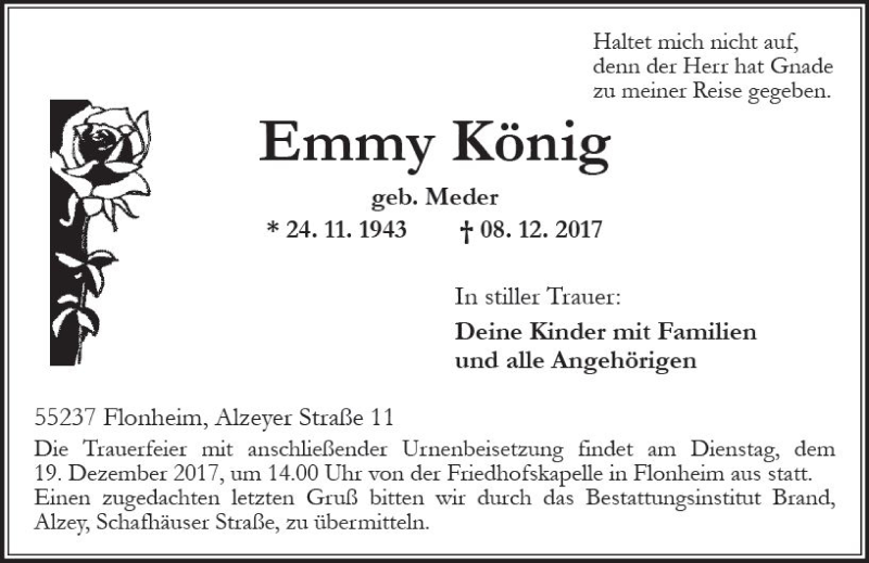 Traueranzeige für Emmy König vom 13.12.2017 aus Trauerportal Rhein Main Presse