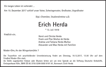 Traueranzeige von Erich Herda von Trauerportal Rhein Main Presse