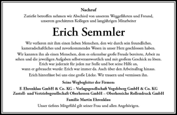 Traueranzeige von Erich Semmler von VRM Trauer