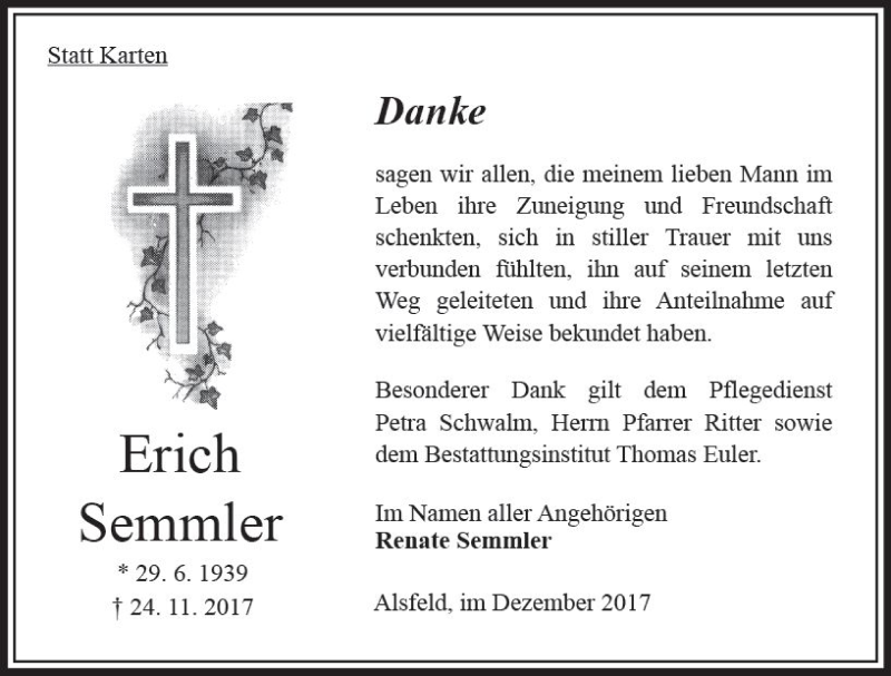  Traueranzeige für Erich Semmler vom 30.12.2017 aus VRM Trauer