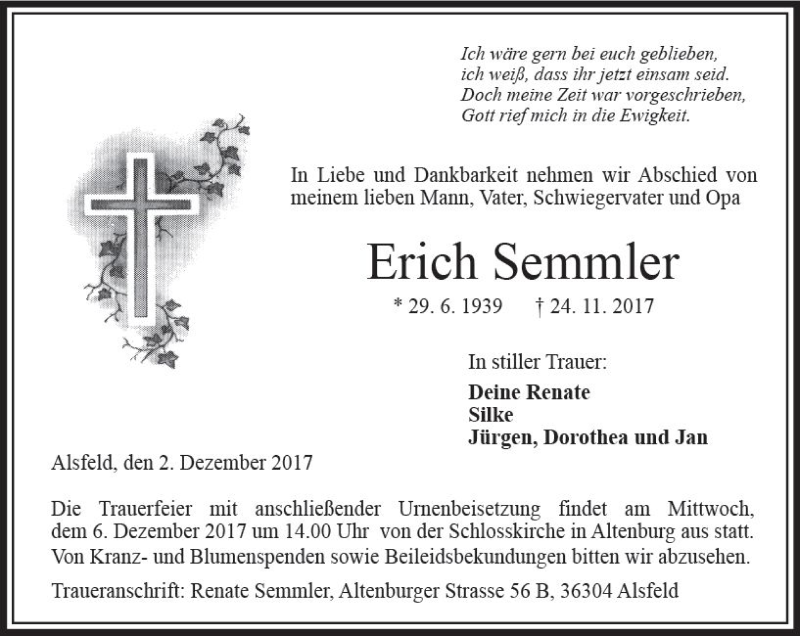  Traueranzeige für Erich Semmler vom 02.12.2017 aus VRM Trauer