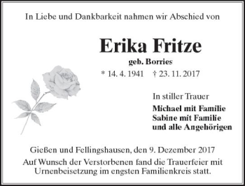 Traueranzeige von Erika Fritze von  Gießener Anzeiger