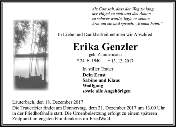 Traueranzeige von Erika Genzler von VRM Trauer