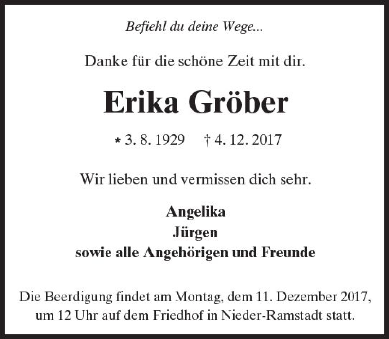  Traueranzeige für Erika Gröber vom 09.12.2017 aus Trauerportal Echo Online