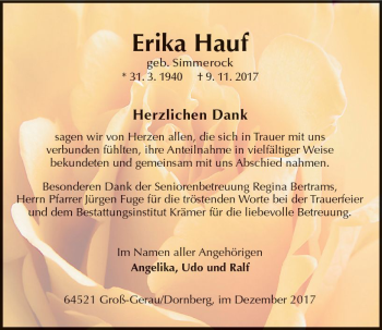 Traueranzeige von Erika Hauf von Trauerportal Echo Online