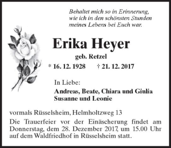 Traueranzeige von Erika Heyer von Trauerportal Rhein Main Presse