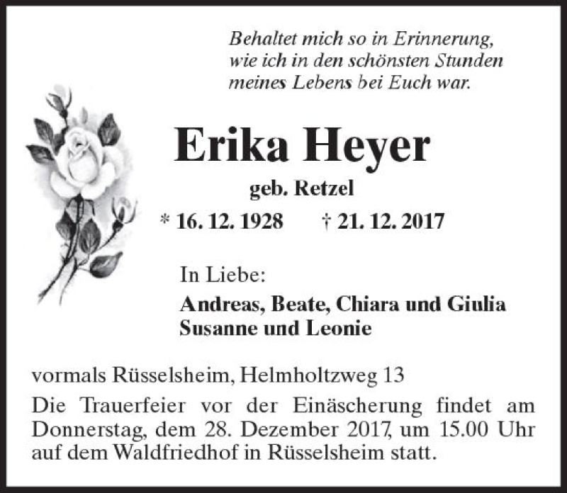  Traueranzeige für Erika Heyer vom 23.12.2017 aus Trauerportal Rhein Main Presse