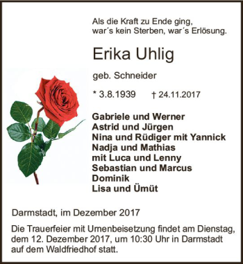 Traueranzeige von Erika Uhlig von Trauerportal Echo Online