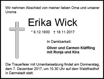 Traueranzeige von Erika Wick von Trauerportal Echo Online