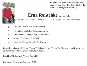 Traueranzeige von Erna Runschke von Trauerportal Rhein Main Presse