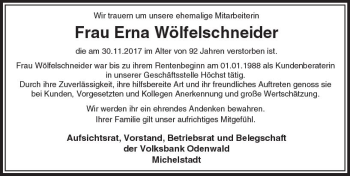 Traueranzeige von Erna Wölfelschneider von Trauerportal Echo Online