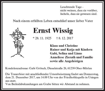 Traueranzeige von Ernst Wissig von  Usinger Anzeiger