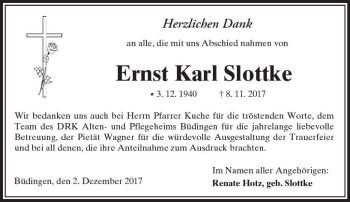 Traueranzeige von Ernst Karl Slottke von  Kreisanzeiger