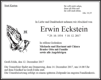 Traueranzeige von Erwin Eckstein von VRM Trauer
