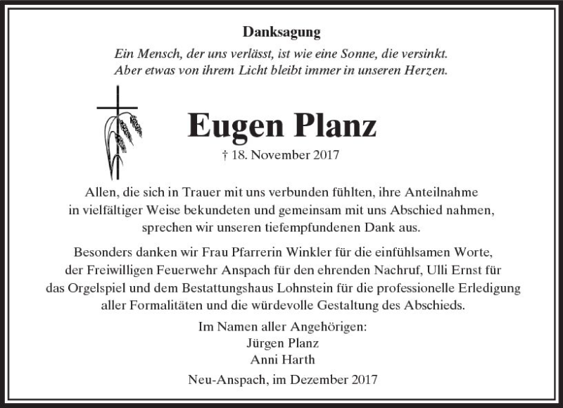  Traueranzeige für Eugen Planz vom 09.12.2017 aus  Usinger Anzeiger
