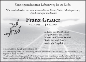 Traueranzeige von Franz Grauer von Trauerportal Rhein Main Presse