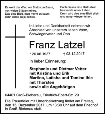 Traueranzeige von Franz Latzel von Trauerportal Echo Online