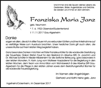 Traueranzeige von Franziska Maria Janz von Trauerportal Rhein Main Presse