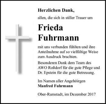 Traueranzeige von Frieda Fuhrmann von Trauerportal Echo Online