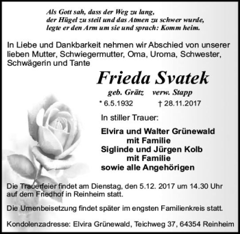Traueranzeige von Frieda Svatek von Trauerportal Echo Online