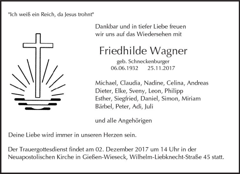  Traueranzeige für Friedhilde Wagner vom 02.12.2017 aus  Gießener Anzeiger