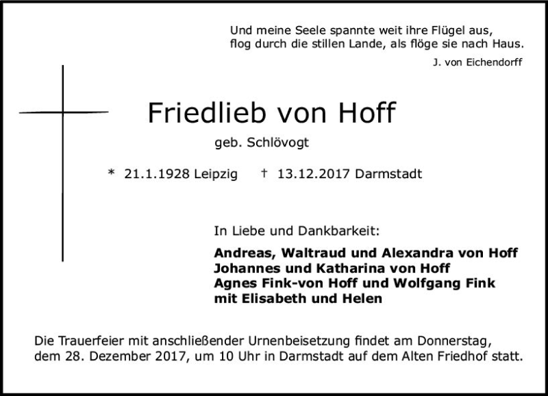  Traueranzeige für Friedlieb  von Hoff vom 16.12.2017 aus Trauerportal Echo Online