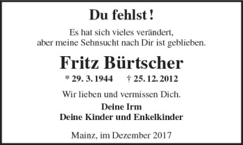 Traueranzeige von Fritz Bürtscher von Trauerportal Rhein Main Presse