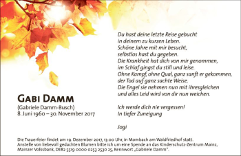 Traueranzeige von Gabriele Damm-Busch von Trauerportal Rhein Main Presse