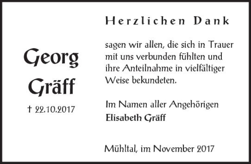  Traueranzeige für Georg Gräff vom 02.12.2017 aus Trauerportal Echo Online