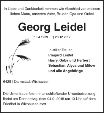 Traueranzeige von Georg Leidel von Trauerportal Echo Online