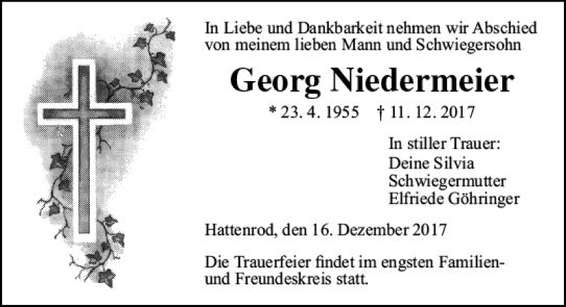  Traueranzeige für Georg Niedermeier vom 16.12.2017 aus  Gießener Anzeiger