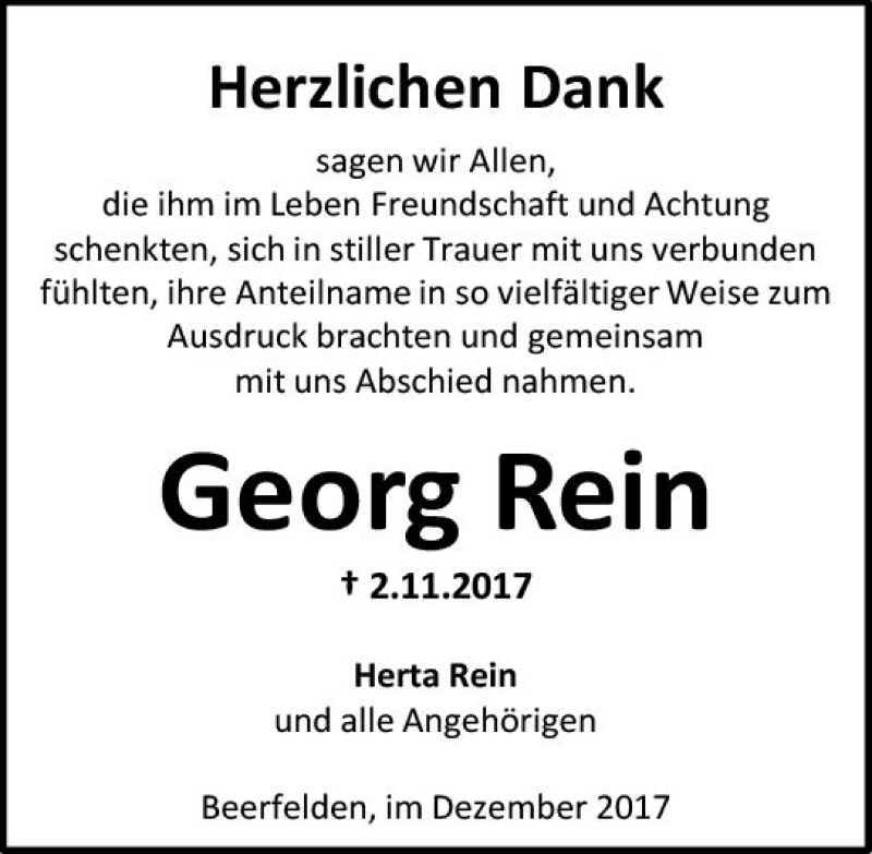  Traueranzeige für Georg Rein vom 02.12.2017 aus Trauerportal Echo Online
