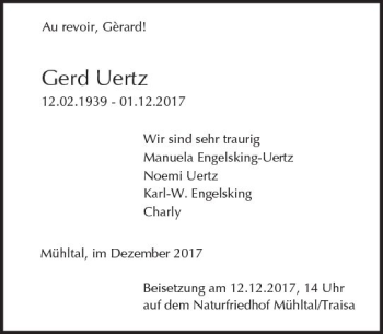Traueranzeige von Gerd Uertz von Trauerportal Echo Online