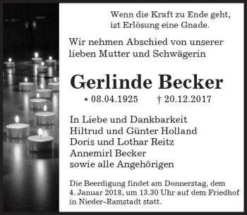 Traueranzeige von Gerlinde Becker von Trauerportal Echo Online