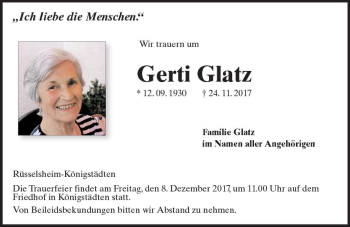 Traueranzeige von Gerti Glatz von Trauerportal Rhein Main Presse