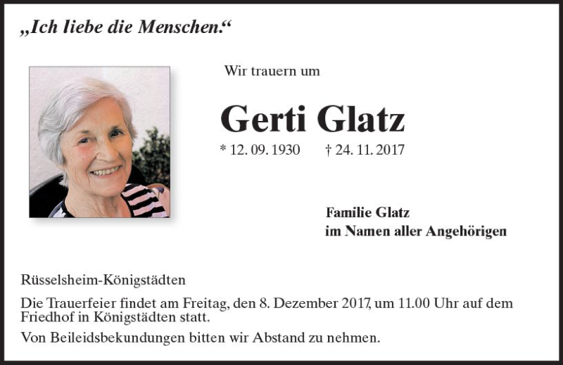  Traueranzeige für Gerti Glatz vom 02.12.2017 aus Trauerportal Rhein Main Presse