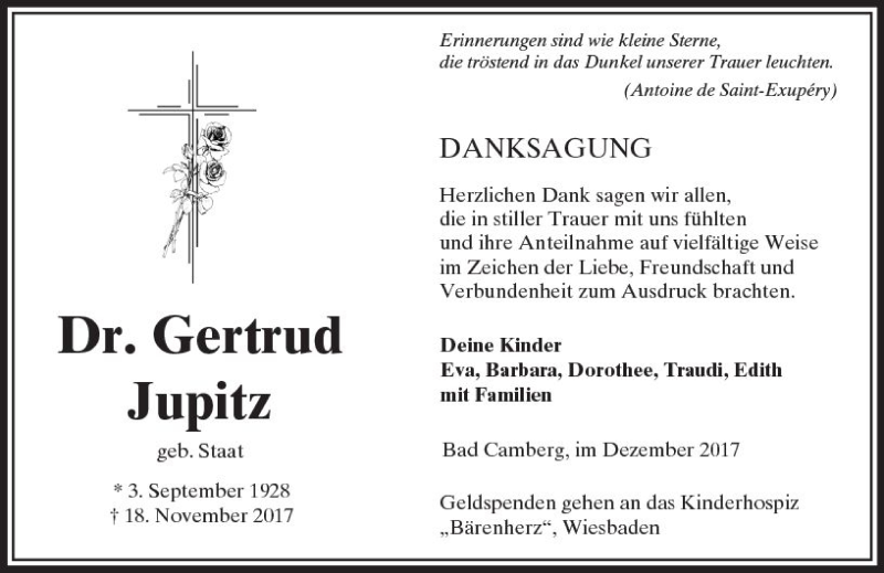  Traueranzeige für Gertrud Jupitz vom 21.12.2017 aus  Camberger Anzeiger