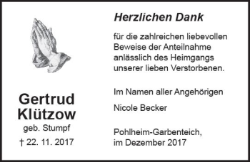 Traueranzeige von Gertrud Klützow von  Gießener Anzeiger