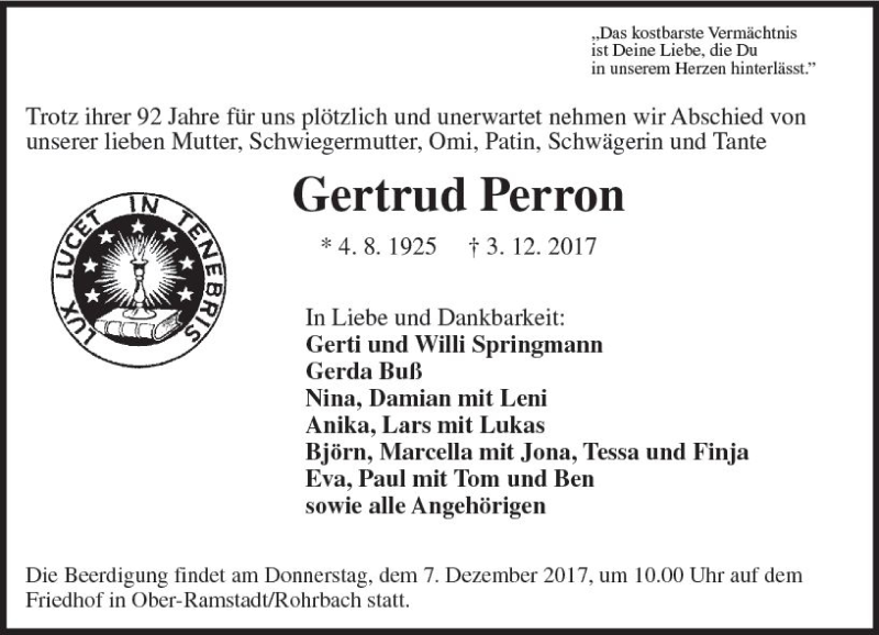  Traueranzeige für Gertrud Perron vom 06.12.2017 aus Trauerportal Echo Online