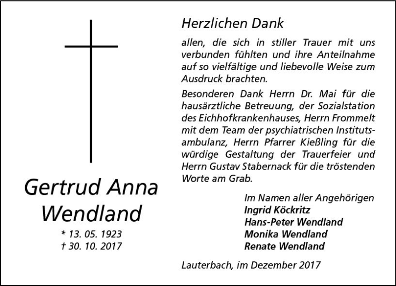  Traueranzeige für Gertrud Anna Wendland vom 15.12.2017 aus VRM Trauer