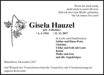Traueranzeige von Gisela Hauzel von Trauerportal Echo Online